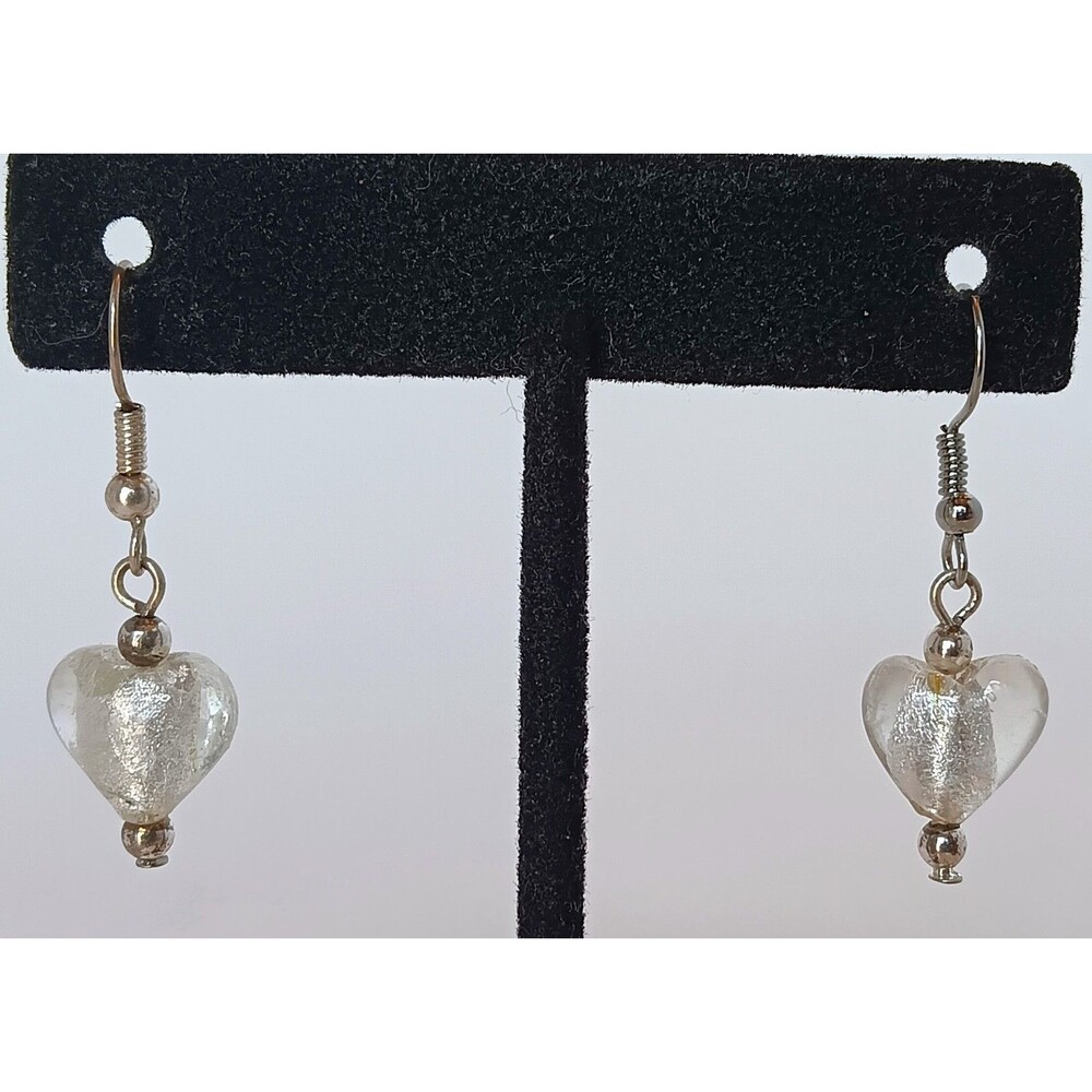 Murano Art Glass Heart Dangle Earrings Silver Foil Silvertone Venetian Style 1.5